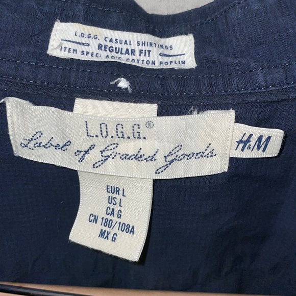 H&M L.O.G.G. 60’s Cotton Poplin Dark Navy Blue Longsleeve Button Dress Shirt - Picture 4 of 6